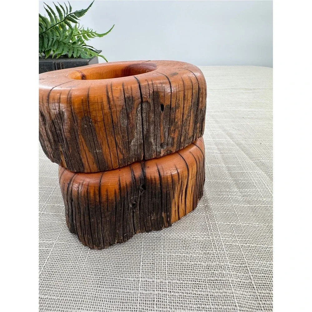 Vintage Hand Turned Natural Wood Log Votive Candle Holders Rustic Cabin Decor